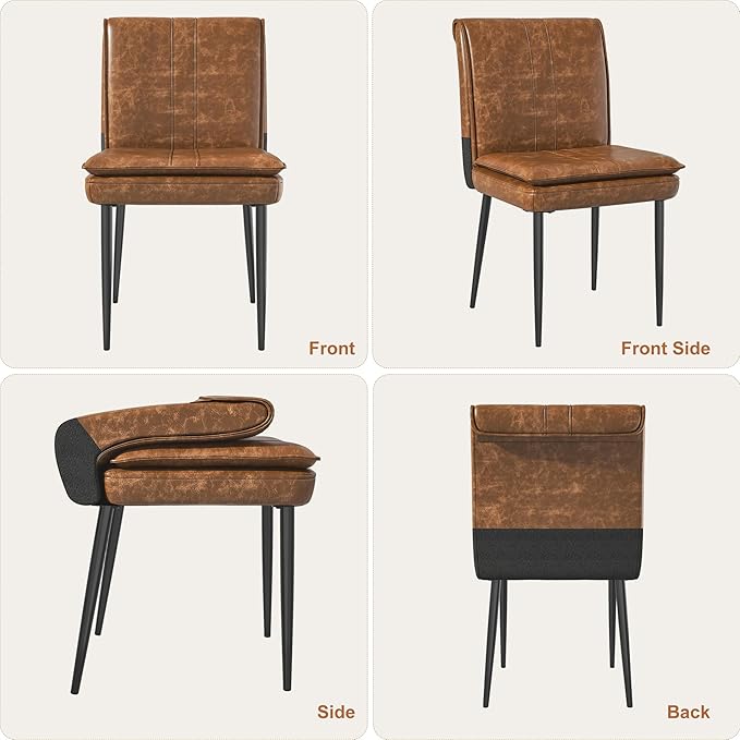 VECELO Upholstered PU Dining Chairs Set of 4, Kitchen Chairs with Padded Seat for Living Room, Dining Room, High Back and Steel Legs, Easy Assembly, Brown