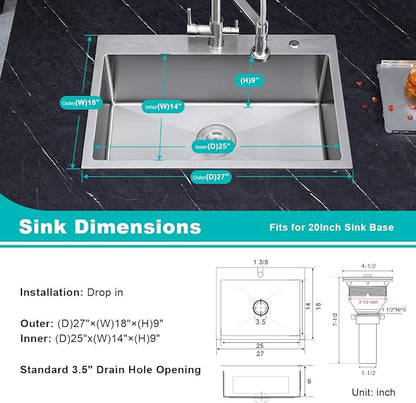 27 Inch Drop in Kitchen Sink with 2 Holes, 18 Gauge 304 Stainless Steel Topmount Single Bowl Handmade Kitchen Sink Brushed Nickel, D27" x W18" x H9"