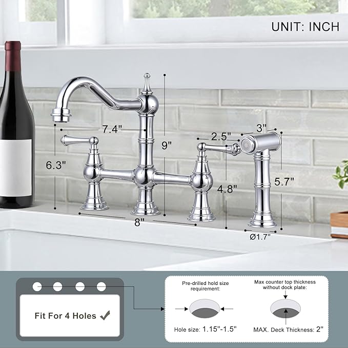 WOWOW 4 Hole Kitchen Faucet with Sprayer, 8 Inch Centerset Brass Bridge Kitchen Faucet 2 Handle with Side Sprayer, Vintage Farmhouse Kitchen Sink Faucet Chrome