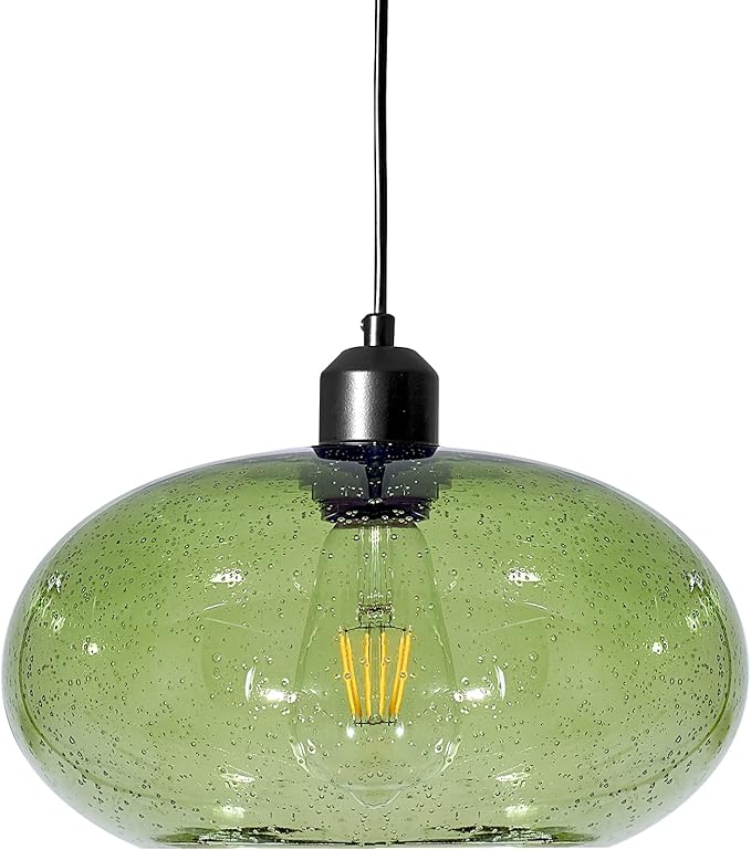Modern Green Glass Pendant Light, 1-Light Glass Dome Shade Pendant Lighting Fixture for Kitchen Island, Sink, Counter, Bar,Nursery,Dining Room, Matte Black 10inch Diam