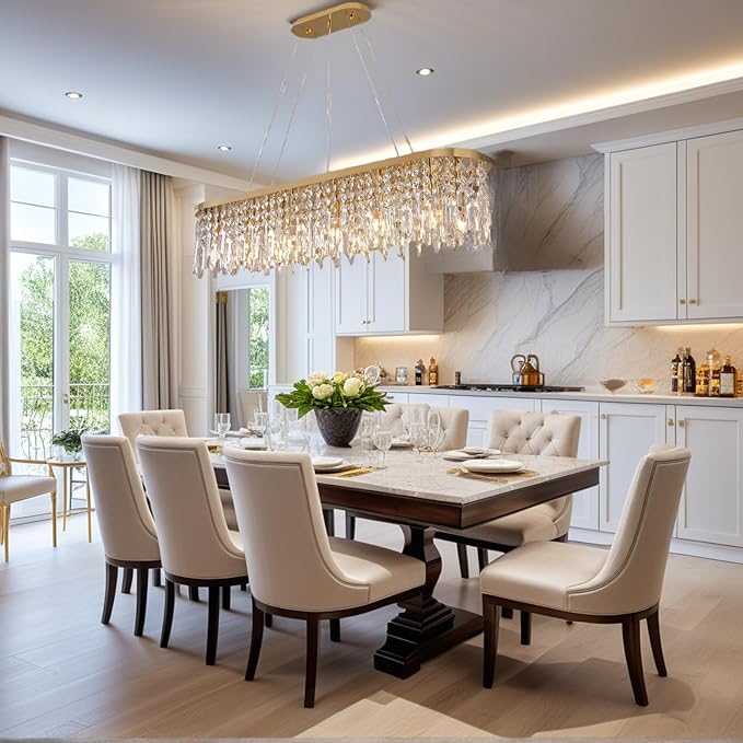 Siljoy Modern Crystal Chandelier for Dining Room, 12-Light Luxury Rectangle K9 Crystal Raindrop Chandelier, Dimmable Oval Crystal Pendant Ceiling Light for Living Room Kitchen Island L47 Inch