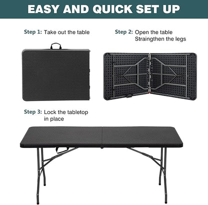 FDW 6 Foot Outdoor Dining Table, Foldable Portable Rectangular Plastic Folding Table with Built in Carrying Handle for Party and Wedding Use, Black Ratten