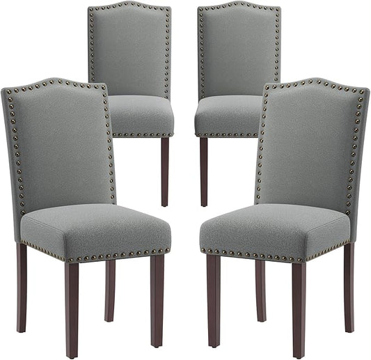 COLAMY Grey Upholstered Parsons Dining Chairs Set of 4,Comfortable Foam Seat, Classic Nailhead Trim, Solid Wood Legs, Stable & Easy to Assemble for Dining Room, Kitchen, Living Room & Café