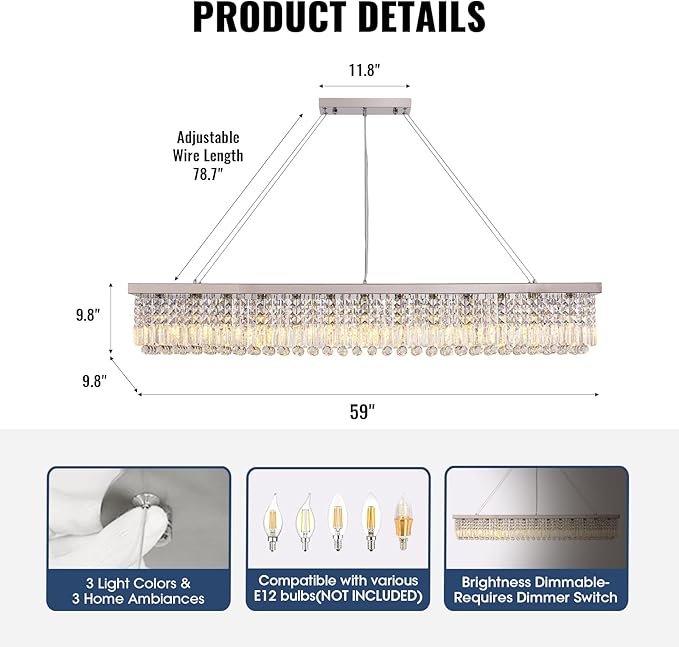 59-inch Modern Crystal Chandelier,13-Light K9 Crystal Rectangle Chandelier for Dining Room,Kitchen Island Adjustable Hanging Pendant Light Fixture,Chrome Finish