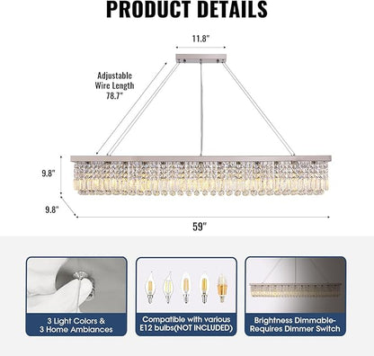59-inch Modern Crystal Chandelier,13-Light K9 Crystal Rectangle Chandelier for Dining Room,Kitchen Island Adjustable Hanging Pendant Light Fixture,Chrome Finish