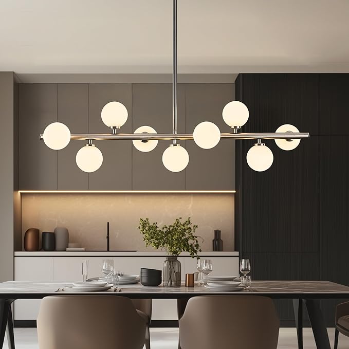 Mid Century Modern Globe Sputnik Chandelier, 9-Light Linear Chandeliers for Dining Room and Kitchen Island, Dining Light Fixture Over Table, Nickel and Milk White Glass Bubble, 40 Inch