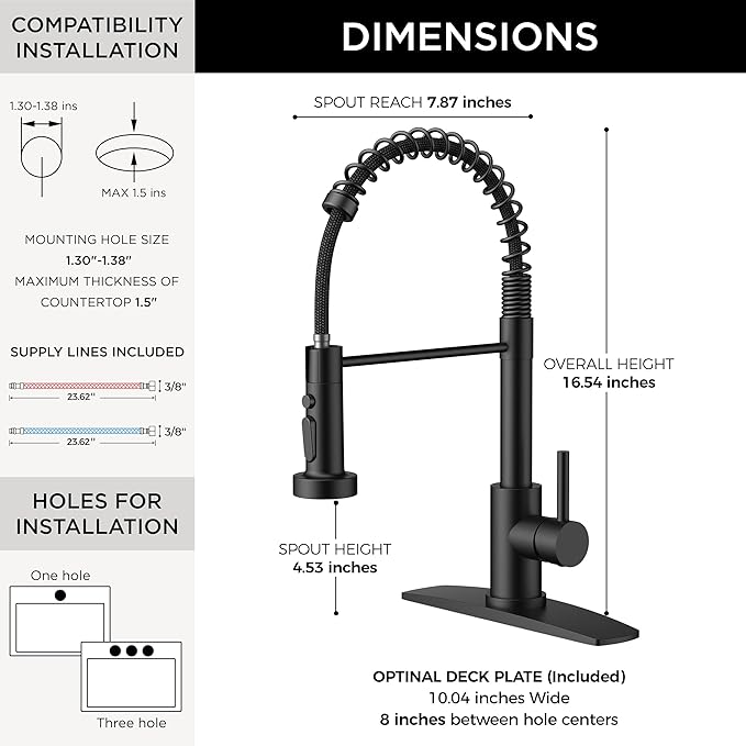 FORIOUS Black Kitchen Faucets with Sprayer, Stainless Steel Sink Faucet Single Handle with Deck Plate, Commercial Classic Spring Faucet for Kitchen Sink, Bar & Prep Sinks, Laundry RV Camper