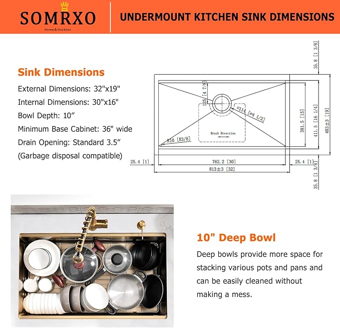 32×19 Undermount Kitchen Sink Gold - 16 Gauge Stainless Steel Gold Kitchen Sink Undermount,10 Inch Deep Single Bowl Workstation Sinks Include Accessories,Heavy-Duty for Large Modern Kitchens