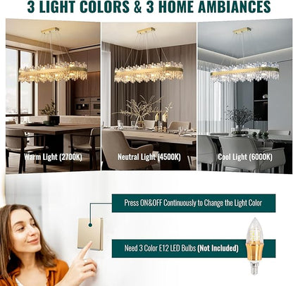 Siljoy Modern Crystal Chandelier, L52'' Luxury Rectangular Brushed Brass Gold Crystal Raindrop Chandelier Large Oval Crystal Pendant Ceiling Light Fixture for Dining Room Kitchen Island, E12 x 20