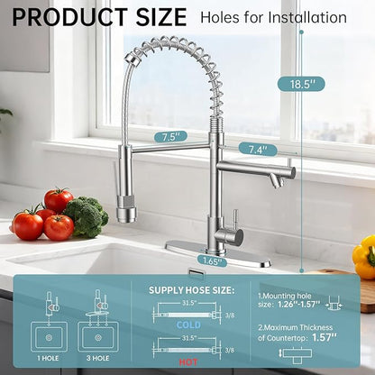 FEELSO Kitchen Faucet with Pull Down Sprayer, Single Handle Stainless Steel Pull Out Spring Kitchen Sink Faucets 1 Or 3 Hole Dual Function for Farmhouse Camper Laundry Utility Rv Wet Bar