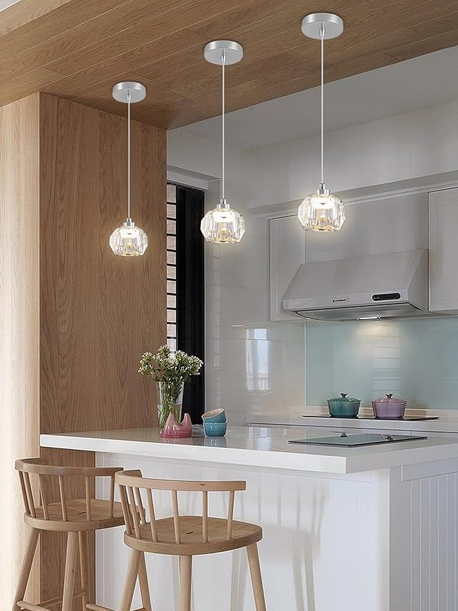 Modern Led Crystal Ball Pendant Light Kitchen Island, Mini Crystal Chandelier for Dining Room 3000K-6000k,5W Chrome