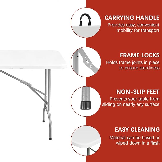 Elevon Folding Table Set of 2,6 Feet Heavy Duty Fold-in-Half Utility Table Indoor Outdoor for Camping,Picnic, Party