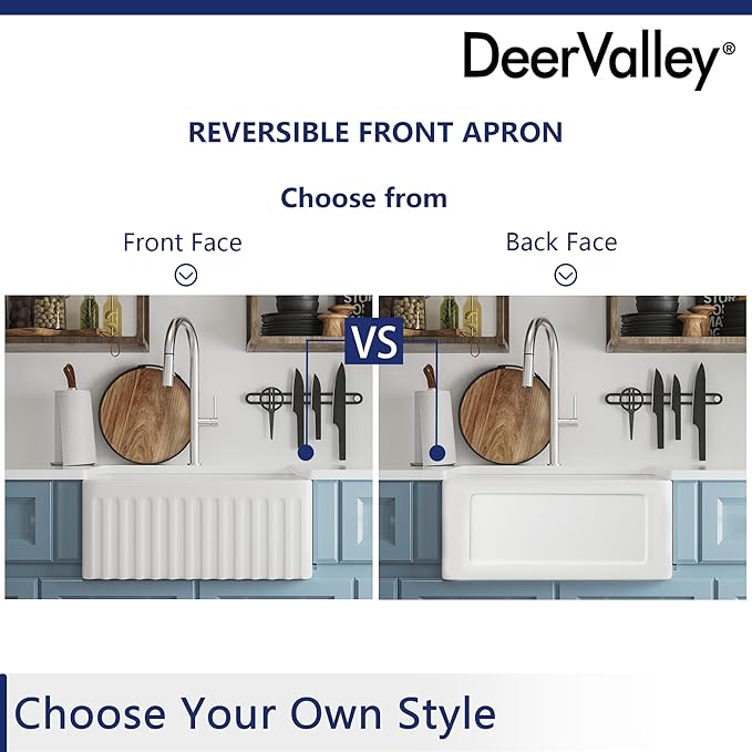 DeerValley Farmhouse Single Kitchen Sink, 24" L x 18" W White Reversible Single Bowl Farm Sink with Apron Front Ceramic Kitchen Sinks with Grid & Strainer