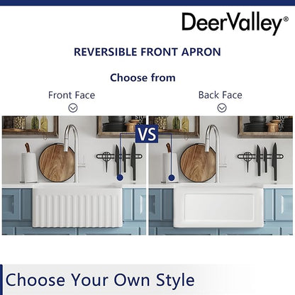 DeerValley Farmhouse Single Kitchen Sink, 24" L x 18" W White Reversible Single Bowl Farm Sink with Apron Front Ceramic Kitchen Sinks with Grid & Strainer