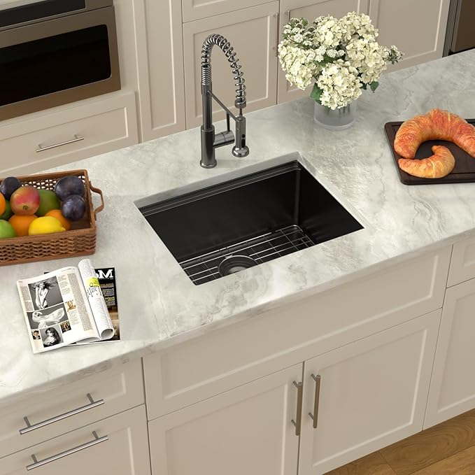 Dcolora 23 Inch Black Kitchen Sink Undermount Wet Bar Sink Workstation Single Bowl Stainless Steel Nano PVD Coating Small Kitchen Sinks, #DC-UW256723