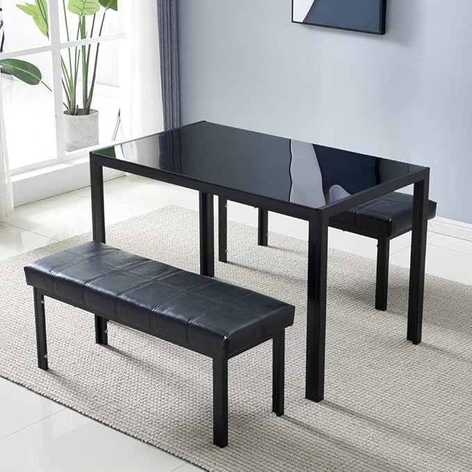 FCH Black Glass Table with Tempered Glass Top, Rectangular Dining Table Set for 4, Place Saving for Apartments & Small Places, for Home & Kitchen & Dining Room, 47", Black