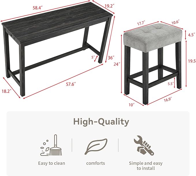 LKTART 4 Piece Bar Table Set Dining Bar Table and Chairs Set with Power Outlet Industrial Breakfast Table with 3 Padded Stools Rustic Bar Kitchen Dinning Room Living Room Black Grey