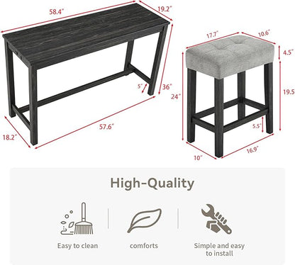 LKTART 4 Piece Bar Table Set Dining Bar Table and Chairs Set with Power Outlet Industrial Breakfast Table with 3 Padded Stools Rustic Bar Kitchen Dinning Room Living Room Black Grey