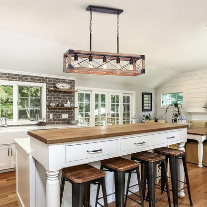 Farmhouse Kitchen Island Lighting, 5-Light Dining Room Light Fixture, Farmhouse Linear Chandelier with Solid Wood for Dining Room Kitchen Bar Pool Table