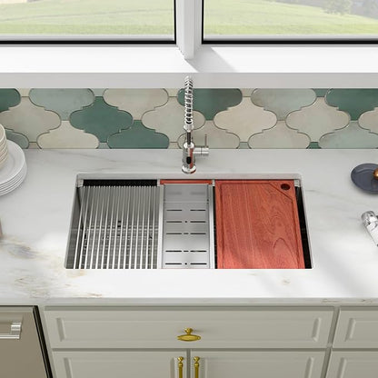 33 Undermount Sink Stainless Steel- Fuyuoer 33 Inch Workstation Kitchen Sink 16 Gauge Stainless Steel Single Bowl Round Corner Handmade Deep Basin Kitchen Sinks, 33x19x10 Inch