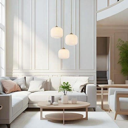 BOKT White Pendant Lights Kitchen Island 3 Light Globe Cluster Pendant Light Large Ribbed Glass Cluster Chandelier Gold Vintage Adjustable Hanging Light Fixture for Sink Dining Room