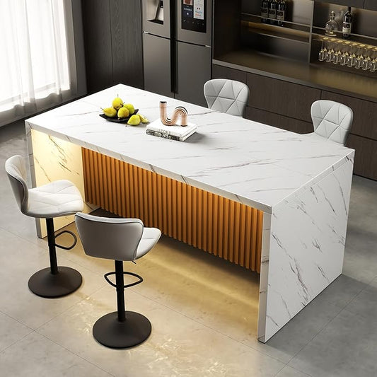 63" Large Modern Rectangle Dining Table for 4-6 People, Imitation Marble Island Table with LED Lights for Kitchen,Dining Room, Bar, Office, Living Room