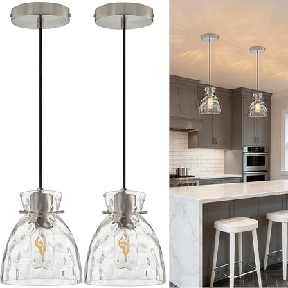 Brushed Nickel Pendant Lights Kitchen Island 2 Pack, 5.9“ Mini Hammered Glass Pendant Light Fixtures, Adjustable Modern Hanging Lights Kitchen Pendant Lighting over Island Sink Bathroom Dining Room