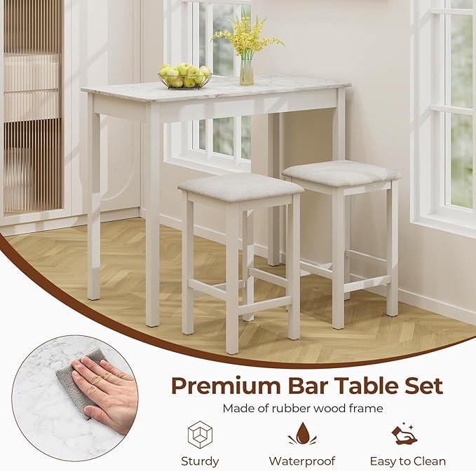 COSTWAY 3-Piece Dining Table Set, Counter-Height Bar Table with 2 Upholstered Bar Stools, Rubber Wood Legs, Anti-Slip Foot Pads, Modern Furniture Set for Dining Room, Kitchen, White+Grey