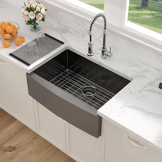 Sarlai Black Farmhouse Sink - 30 Inch Apron Front Kitchen Sink 30x22 Inch Farmhouse Kitchen Sinks Gunmetal Black Farmer Farm Stainless Steel 16 Gauge Sinks Deep Single Bowl Basin