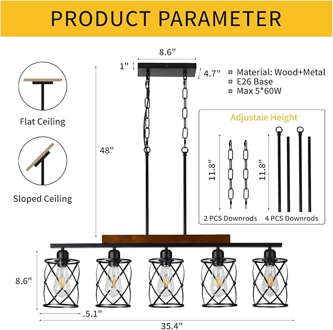 Farmhouse Dining Room Light Fixture: Modern 5-Light Kitchen Island Hanging Lighting with Metal Lampshade, Matte Black Industrial Linear Chandelier Over Table