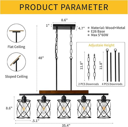 Farmhouse Dining Room Light Fixture: Modern 5-Light Kitchen Island Hanging Lighting with Metal Lampshade, Matte Black Industrial Linear Chandelier Over Table