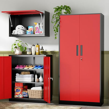 INTERGREAT Metal Storage Cabinet, 72" Locking Steel Cabinets with 2 Door and 4 Adjustable Shelves, Tall Metal Cabinet for Home Office, Garage, Warehouse,(Black+Red)