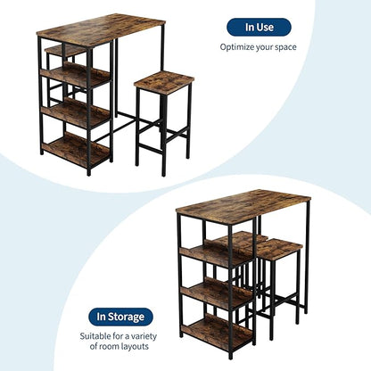 IDEALHOUSE 36" Counter Height Dining Table Set for 2 with Bar Stools and Storage Shelves, Space-Saving Kitchen Table for Small Space, Apartment, Studio, Rustic Brown