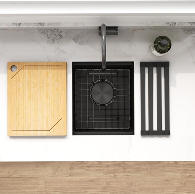 LQS Undermount Wet Bar Sink Black, Undermount Bar Sink Stainless Steel 13" x 15", Small 10" Deep Single Bowl Kitchen Sinks, Smart Workstation Ledge With Cutting Board For RV, Outdoor and Prep Use