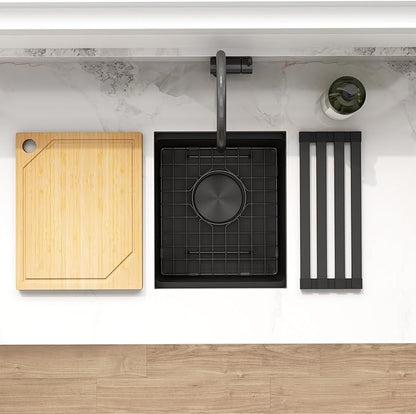 LQS Undermount Wet Bar Sink Black, Undermount Bar Sink Stainless Steel 13" x 15", Small 10" Deep Single Bowl Kitchen Sinks, Smart Workstation Ledge With Cutting Board For RV, Outdoor and Prep Use