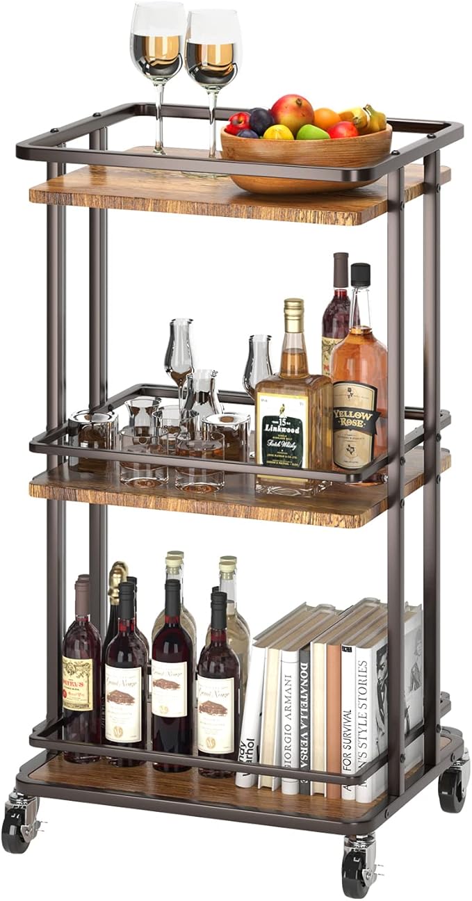 XYZLVSI 3-Tier Rolling Serving Bar Cart, Wood and Metal Kitchen Island Storage Cart with Wheels, Multifunction Utility Cart Storage Rack for Home, Kitchen, Bar, Dinning Room, Living Room (Brown)