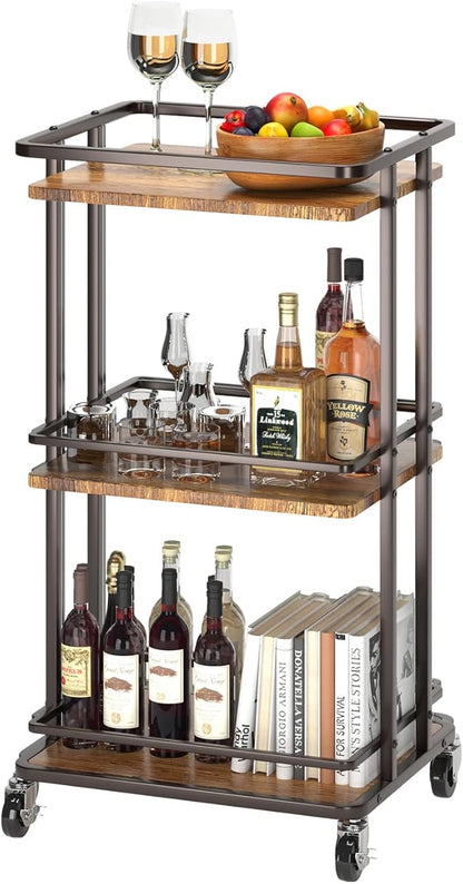 XYZLVSI 3-Tier Rolling Serving Bar Cart, Wood and Metal Kitchen Island Storage Cart with Wheels, Multifunction Utility Cart Storage Rack for Home, Kitchen, Bar, Dinning Room, Living Room (Brown)