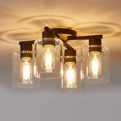 YYT Semi Flush Mount Ceiling Light Black 4-Light Kitchen Ceiling Light fixtures Kitchen Lighting Fixtures Cieling with Glass Shade for Bedroom Foyer Dinning Room