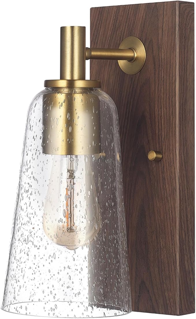 GLOBE Electric 65000051 1-Light Wall Sconce, Dark Wood Toned, Matte Brass Accents, Seeded Glass Shade, E26 Base Socket, Lights for Living Room, House Décor, Interior Lighting, Home Improvement