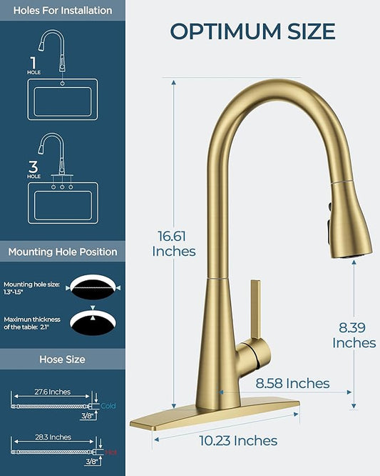 FORIOUS Gold Kitchen Faucet with Pull Down Sprayer, Classic High Arc Stainless Steel Faucet for Kitchen Sink, Single Handle for 1 or 3 Hole Decks for RV Bar Farmhouse Laundry Camper