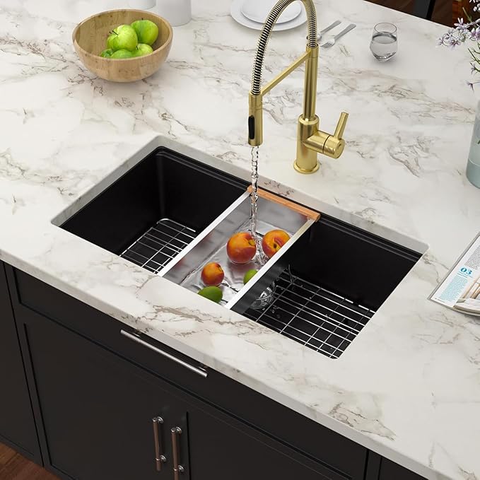 33 Inch Black Granite Composite Undermount Kitchen Sink Workstation - Couoko Matte Black Quartz Single Bowl Kitchen Sink Under Counter Large Deep Classic Sinks with Luxury Accessories, 33"x19"x10"