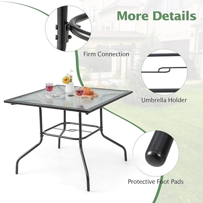 HAPPYGRILL Patio Square Dining Table 35" x 35", Outdoor Dining Table with Tempered Glass Tabletop & 1.5" Umbrella Hole, Metal Bistro Table for Garden Backyard and Porch