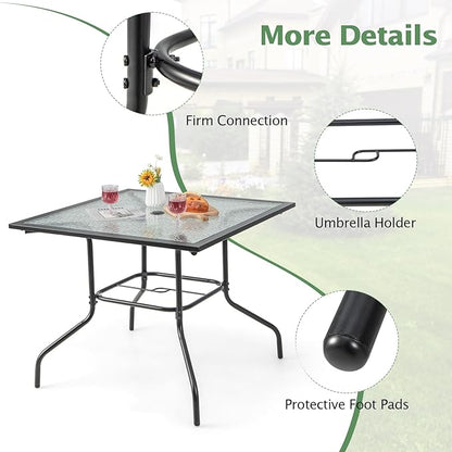 HAPPYGRILL Patio Square Dining Table 35" x 35", Outdoor Dining Table with Tempered Glass Tabletop & 1.5" Umbrella Hole, Metal Bistro Table for Garden Backyard and Porch