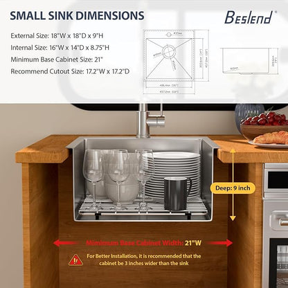 18 Outdoor Kitchen Sink - Beslend 18x18 Outdoor Sink Bar Sink RV Sinks Drop In, 16 Gauge Stainless Steel Topmout Kitchen Sinks Wet Bar Sinks Square Single Bowl Above Counter Indoor Outdoor
