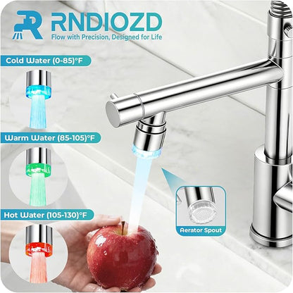 LED Kitchen Faucet with Pull Down Sprayer - Chrome Single Handle Commercial Kitchen Faucets, 2-Spout Kitchen Sink Faucet, Stainless Steel Spring Pull Out Sink Faucet 1/3 Hole
