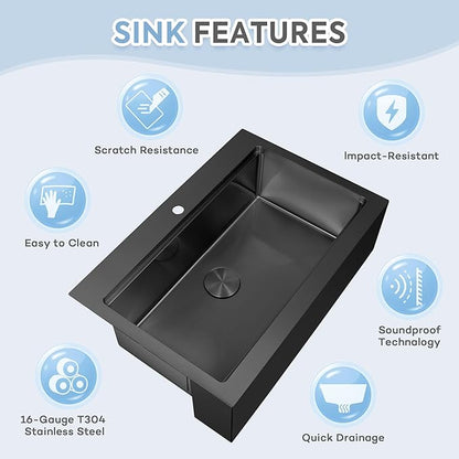 Rhbamoa 33 Inch Black Farmhouse Sink,16 Gauge T304 Black Single Bowl Apron Front Kitchen Farm Sink,10 Inch Depth Topmount Farmhouse Sinks with All Accessories