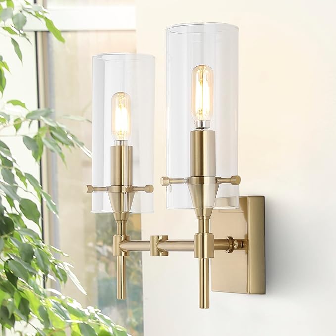 JONATHAN Y 13.5" Brass Gold/Clear Modern Farmhouse LED Vanity Light Sconce, Clear Glass Cylinder Shade, Wall Lamp for Bathroom Mirror Hallway Entryway, LED Bulb Included (JYL7806C)