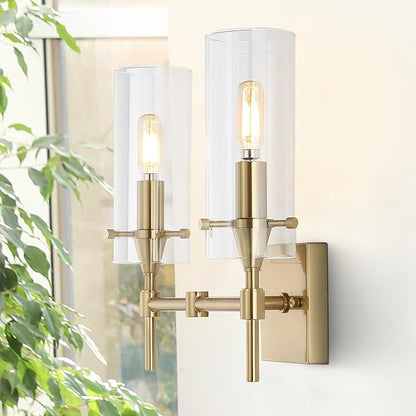 JONATHAN Y 13.5" Brass Gold/Clear Modern Farmhouse LED Vanity Light Sconce, Clear Glass Cylinder Shade, Wall Lamp for Bathroom Mirror Hallway Entryway, LED Bulb Included (JYL7806C)