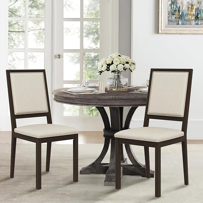 COLAMY Upholstered Kitchen Dining Chairs Set of 2, Wood Dining Chairs with Back, 19 Inch Fabric Farmhouse Dining Room Side Chairs with Wooden Legs for Kitchen Dining Living Room Courtyard, Brown
