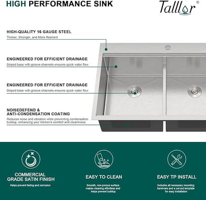 36 Inch Drop-In Double Bowl Kitchen Sink, 50/50 Low Divide 16 Gauge 304 Stainless Steel Workstation All-In One Large Sink with Accessories, Brushed Finish #TLDB-503